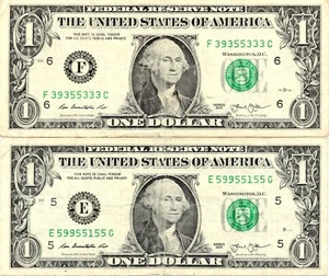 Trinary Fancy Serie Número Uno Billete de Dólar Cinco de una Clase Lote de 2 Billetes - Imagen 1 de 2