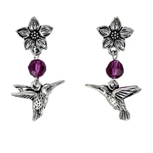 HUMMINGBIRD Earrings - Pewter Flower Nickel Free Posts Blue Crystals Studs Backs - Picture 1 of 3