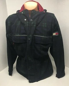 VINTAGE TOMMY HILFIGER wool Like Polyester JACKET HOODED COAT Size L  plaid - Picture 1 of 8