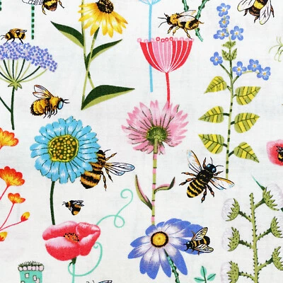 Nutex Fabric - Bee Haven Bumble Bees & Flowers - Craft Fabric Material Metre - Image 1 of 4