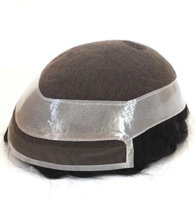 Natural Mens Toupee Human Hair Replacement System French Lace Skin Hairpiece #1B - Image 1 of 4