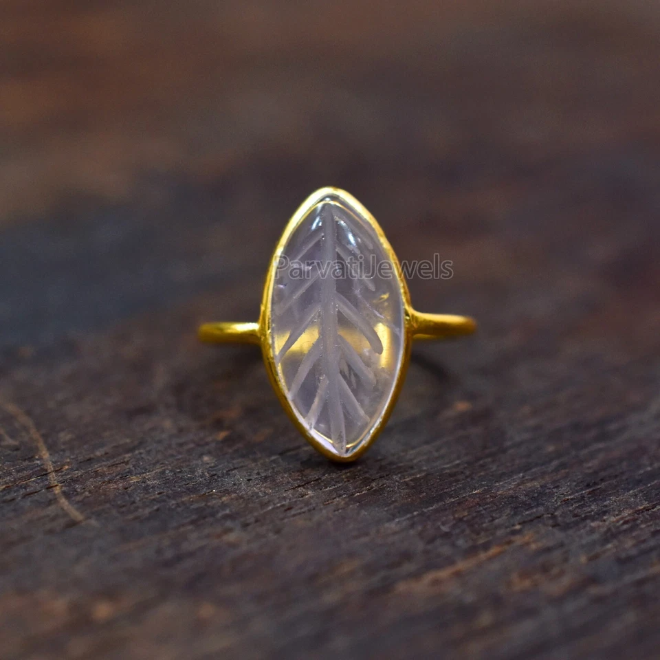 Anillo tallado cuarzo rosa natural oro macizo 14K y 18K regalo para ropa de fiesta mujer Foto 1 de 4