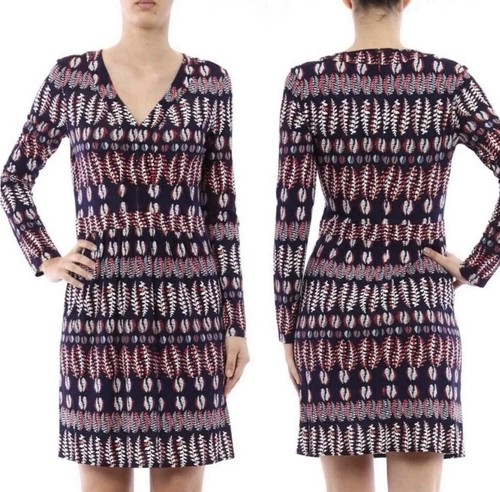 Tory Burch mini abito donna piccolo viscosa fantasia blu navy scollo a V manica lunga zip