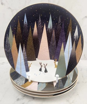 Sara Miller Portmeirion PINOS ESMERILADOS 8" Plato-Porcelana-Oro Pastel-Juego 4-USADO EN EXCELENTE ESTADO Foto 1 de 4