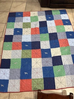 POTTERY BARN KIDS HUNTING DOGS PATCHWORK CORDUROY BLUE (1) TWIN QUILT 68X86 - Image 1 of 4