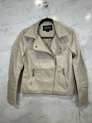 JOU JOU Women Moto Vegan Leather Beige Jacket Sz Small New - Image 1 of 4