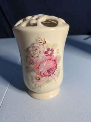 Vintage Floral Toothbrush Holder Ivory Waverly? Rose Cottage Core Farmhouse A - Image 1 of 4