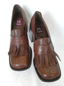 Vintage Y2K FX Fluxa 70s style brown leather block heel fringe shoes UK6.5/EU40 - Picture 1 of 9