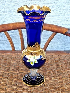 Alte Vase aus Böhmischen Kristall Glas Kobalt blau Handgefertigt Handbemalt - Bild 1 von 10