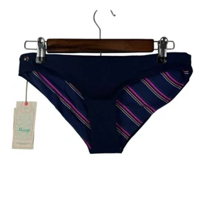Maaji Navy Blue Pink Diagonal Stripes Reversible Bikini Bottom Women's Large NEW - Picture 1 of 11