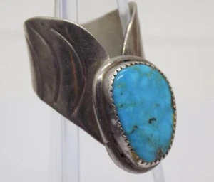 Vtg Hand Stamped Native American Sawtooth Turquoise 925 Sterling Silver Ring sz8 - Picture 1 of 9