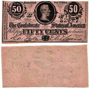 1864 50 CENT CSA The Confederate States of America JEFFERSON DAVIS Note UNC- - Picture 1 of 4