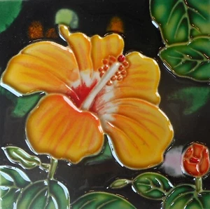 Flower hand painted ceramic art tile coaster 4 x 4 inches with back - Picture 1 of 2