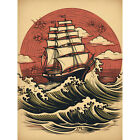 Ship Sailing in Rough Sea Waves Retro Rockabilly 50s Huge Wall Art Print 18X24"