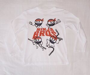 T-shirt, LS, Kids Size M 7-8, White, Novelty 'Ninja Bros' ninja images