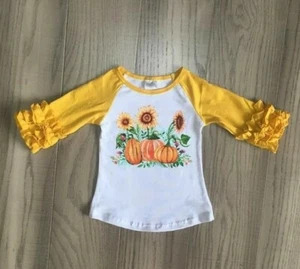 6-12 Month (XXS) Sunflower & Pumpkin Fall Printed Ruffle Sleeve Raglan Tee  - Picture 1 of 5