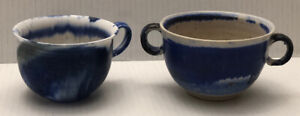 (Lot 2) Signed Hand made Studio Mug Tea Coffee Cup Blue White Ceramic Carl Olaf