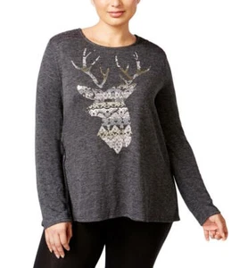 Style & Co. Women's Plus Size Deer Holiday Graphic Top - Steel Grey - Size 1X - Picture 1 of 1