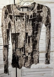 BCBG Maxzaria Small T-shirt LS Geometric Brown No Care Tags Fitted Y2K Vtg - Picture 1 of 10
