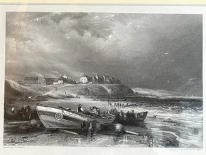 Cullercoats Vista del Puerto/Puerto - Impresión Antigua Montada Circa 1841 - Imagen 1 de 10