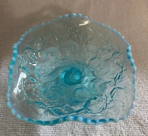 Vintage DUGAN Glass Blue Opalescent Question Mark Footed Compote 3 Pattern - Picture 1 of 6