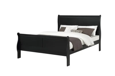 Cama trineo de madera maciza con panel tamaño queen acabado negro Louis Phillipe Foto 1 de 4