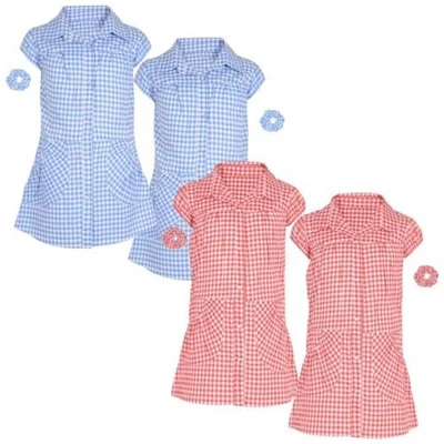 Filles Vichy Robe École Paquet De 2 Imprimé Carreaux Robes avec Assorti Chouchou - Photo 1/2