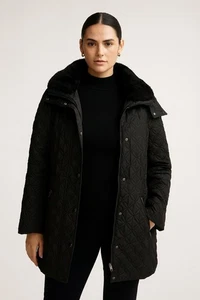 Andrew Marc New York Quilted Puffer Jacket Womens M Black Zipper Snap Mid Length - Picture 1 of 11