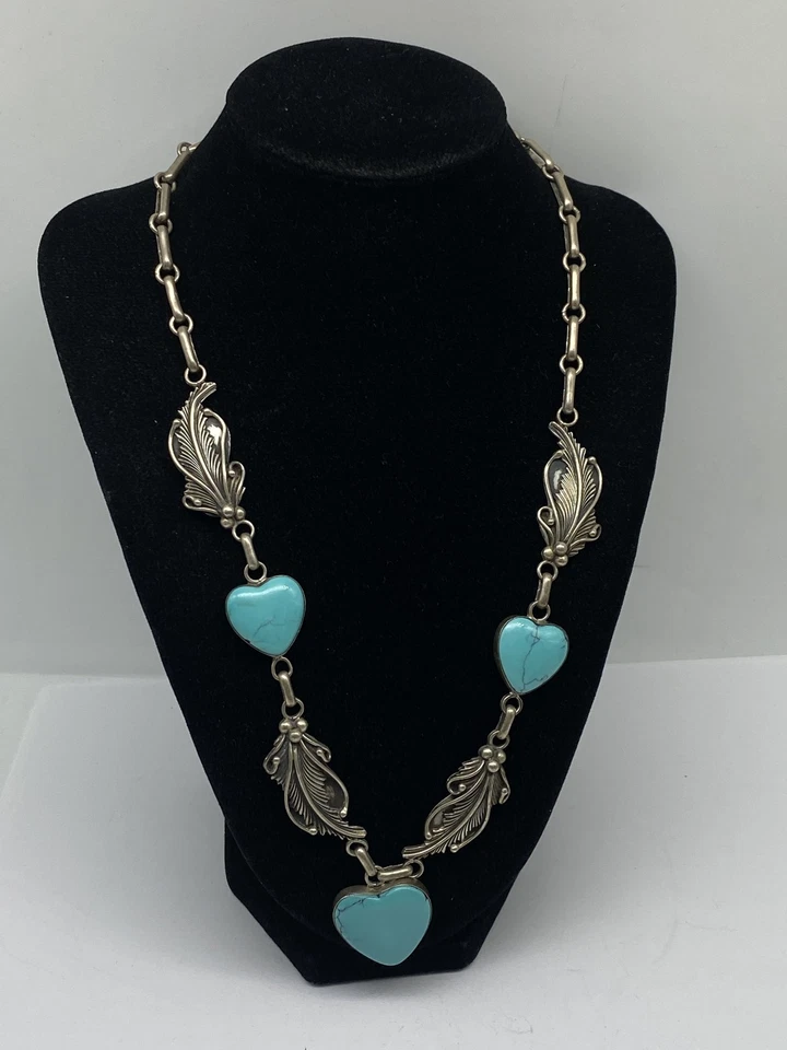 P T G Sterling silver Turquoise Heart Feather Link Necklace 70.0g - Image 1 of 4