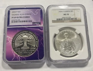 (2) 2004-P $1 Thomas Alva Edison Silver Dollars NGC PF69/MS70 Item 9558 - Picture 1 of 5