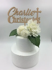 1Pc Custom Personalised Name Religious Cake Topper Wooden Baptism Christening - Picture 1 of 8