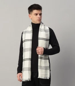 Lusso Reversibile Bianco Lana Sciarpe Uomo Caldo Cashmere Collo Wrap Controlli - Foto 1 di 9