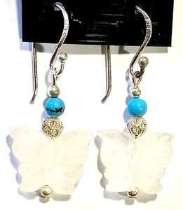 ROSE QUARTZ BUTTERFLY & TURQUOISE EARRINGS SS HOOKS 37mm "NEW" AUZ MADE FE20 - Picture 1 of 2