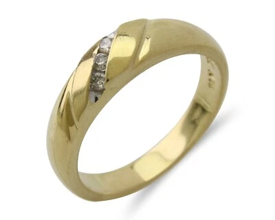 Anillo de 3 piedras de oro amarillo macizo de 14 k con banda de diamantes naturales Foto 1 de 4