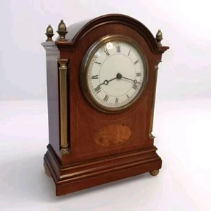 Antique Inlaid Mahogany Mantel Clock 8 Day Timepiece With Key - Picture 1 of 14