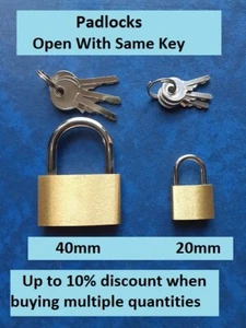 Padlocks With Same Key Brass 40mm or 20mm All Locks Keyed Alike / To Pass 3 Keys - Picture 1 of 6