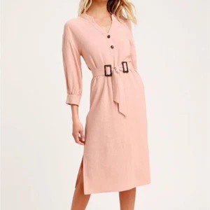 Lulus Gwendolyn Blush Pink Belted Shift Midi Dress V Neck 3/4 Sleeve Size S - Picture 1 of 15
