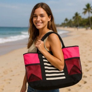 Bolso de Playa Victoria's Secret con Bolsillos de Malla Rosa Negro Rayas Verano Usado en Excelente Condición - Imagen 1 de 6