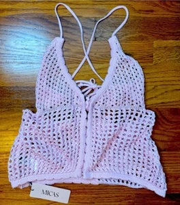 New Micas Knit Tank Small Pink Crochet Halter Backless Top Boho Festival Crop - Picture 1 of 12