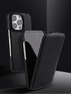 Genuine Leather Vertical Up&Down Slim Flip Case Cove for iPhone 14 15 16 Pro Max - Picture 1 of 36