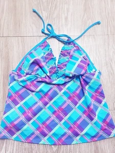 Xhilaration Junior's Halter Swim Top Size Large Blue Purple Plaid - Picture 1 of 3
