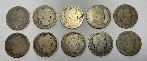 Lot of 10 Barber Quarters 90% Silver / ALL DIFFERENT DATES / Includes 1800s Cover
