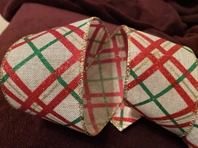Argyle Plaid 2.5" by 2 yd Natural Wired Ribbon Glitter Christmas Red Green Gold - Image 1 of 4