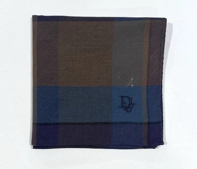 Handkerchief Man Christian Dior Plaid Check  Brown Blue Pocket Square Cotton 19” - Image 1 of 4