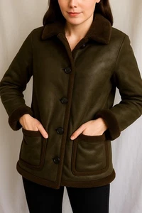 Abrigo Abercrombie Fitch Y2K Vintage Mujer XS Verde Oliva Chaqueta Larga de Piel de Oveja - Imagen 1 de 5