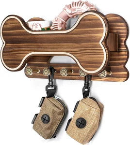 Farmhouse Dog Leash Holder Wall Mount 5 Puppy Paw Hooks Storage Shelf Brown - Picture 1 of 11