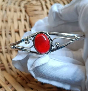 925 Sterling Silver Cuff Bangle Red Topaz Moroccan Bracelet Handmade Adjustable - Picture 1 of 17
