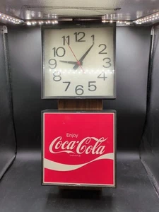 Vintage 1970s COCA-COLA Plastic & Metal Woodgrain Electric Wall Clock Coke Works - Picture 1 of 3