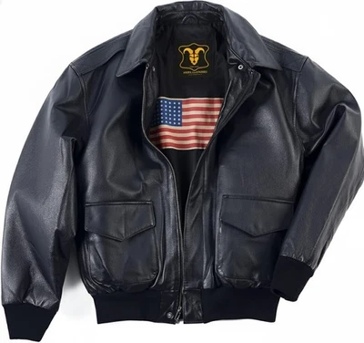 男式空军飞行员皮革夹克羊皮飞行员 A-2 飞行轰炸机夹克 — 第 1/4 张图片