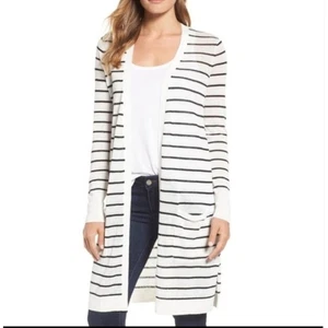 Halogen White & Black Stripe Maritime Nautical Linen Blend Open Cardigan sz. XS - Picture 1 of 8